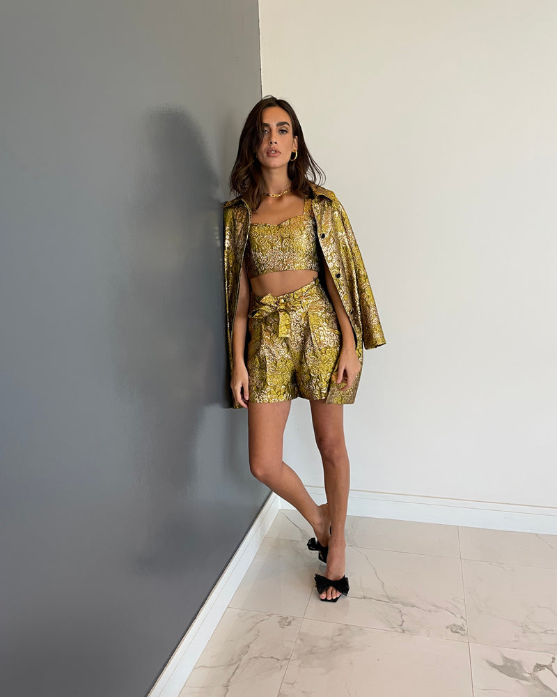GOLD BROCADE COAT WITH MATCHING CROP AND SHORTS